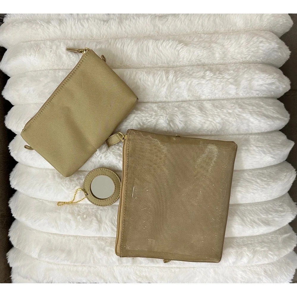 Unbranded Gold Shimmer Makeup Bag Set 3 Piece Mesh Pouch and Mirror